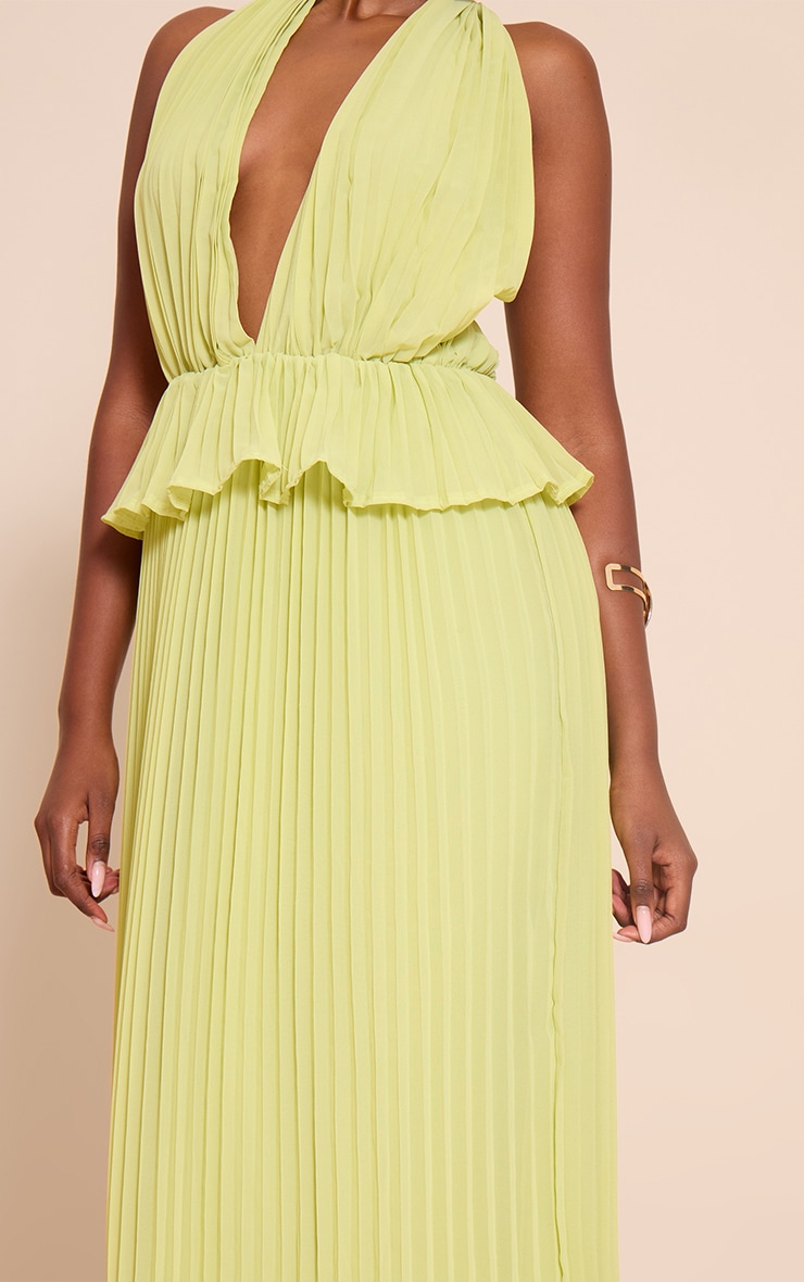Lime Plisse Halterneck Frill Detail Maxi Dress image 4