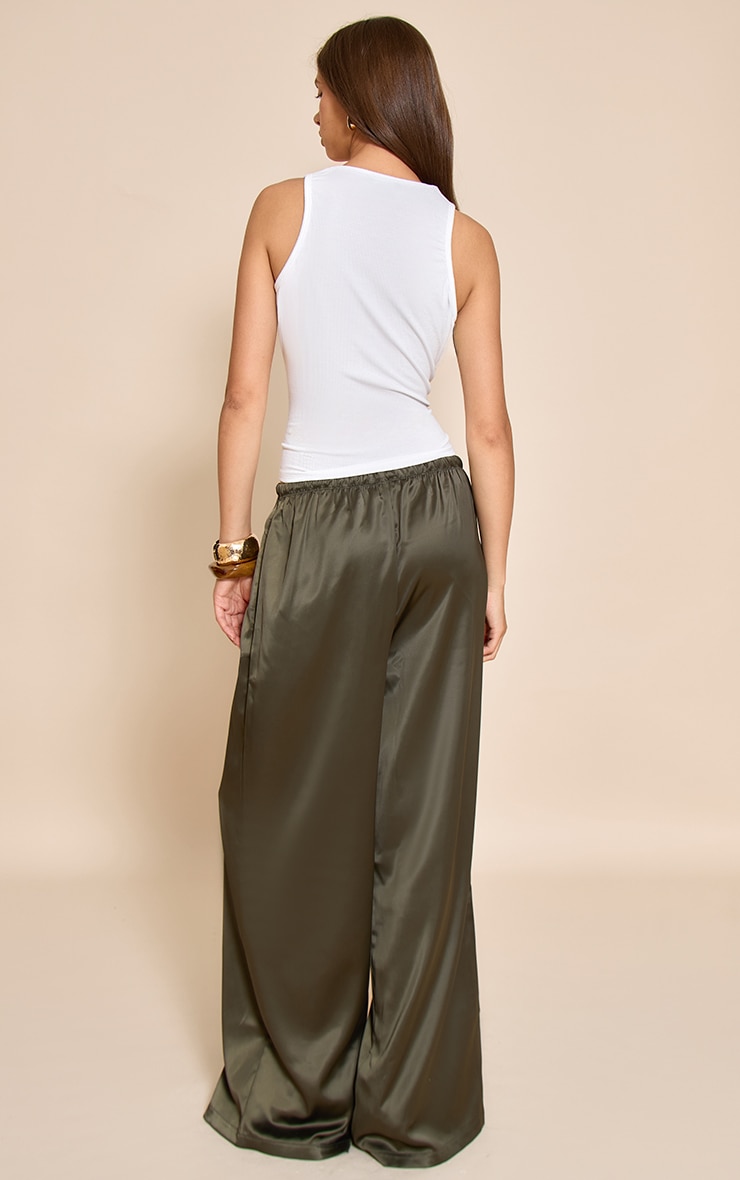 Olive Khaki Satin Wide Leg Drawstring Pants image 2