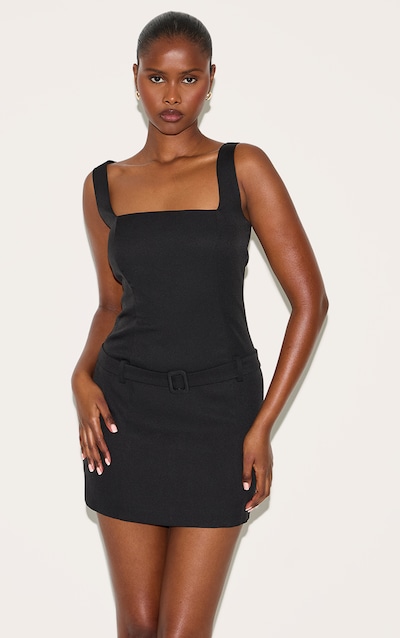 Black Scoop Neck Belted Shift Dress