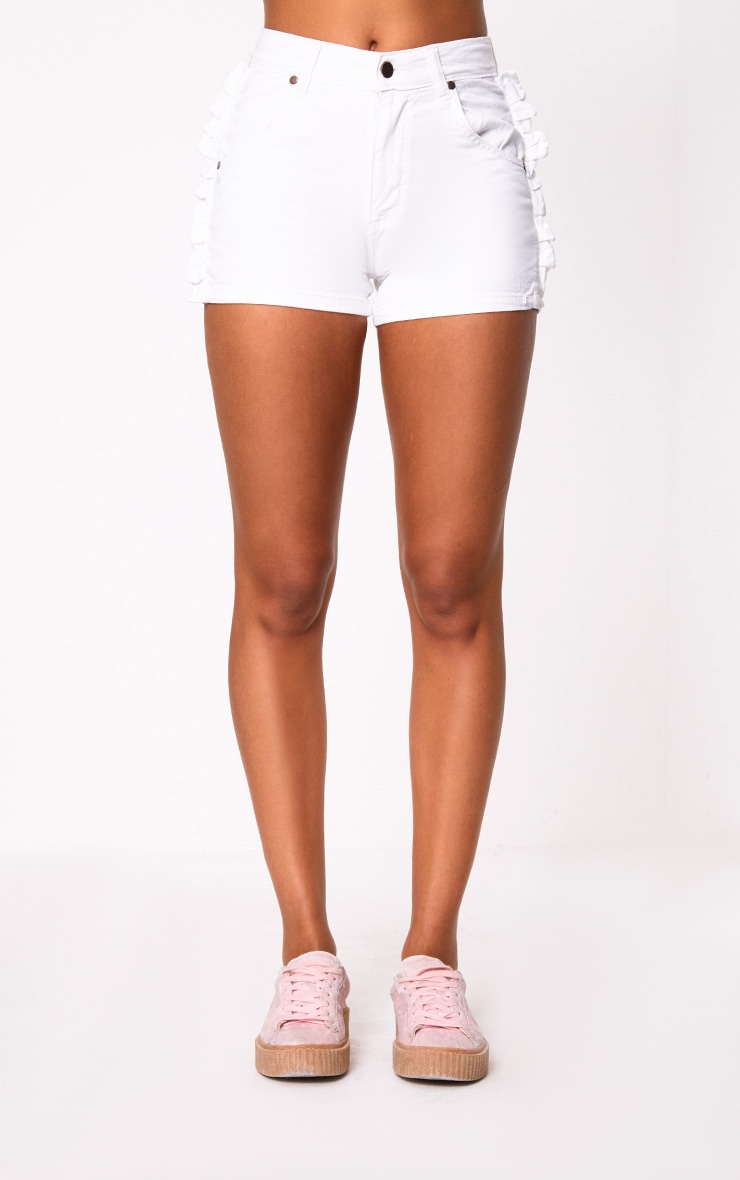 White Ruffle Detail Denim Shorts. Shorts PrettyLittleThing