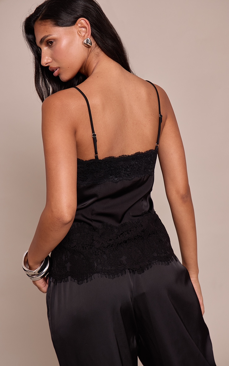 Black Satin Button Up Lace Detail Cami