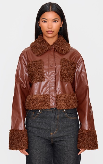 Chocolate Borg Pocket Front Faux Leather Cropped Coat