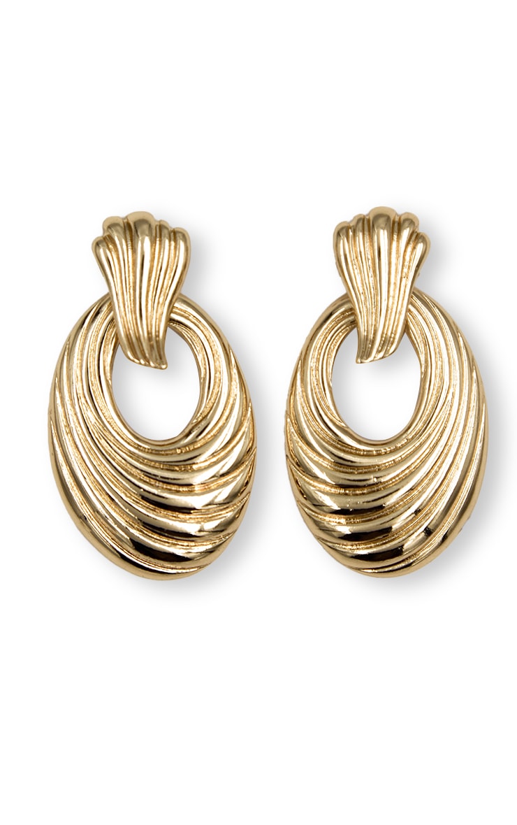 Gold Textured Statement Oval Earrings image 2