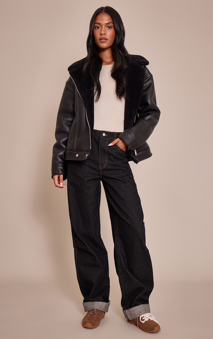 Tall Black Borg Collar Faux Leather Aviator image 3