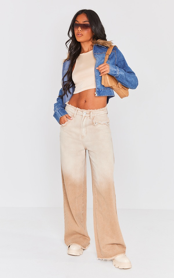 Mid Blue Wash Fur Trim Denim Biker Jacket PrettyLittleThing