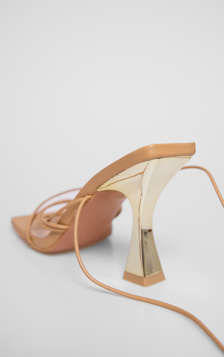 Tan PU Square Toe Strappy Lace Up Heeled Sandals image 4