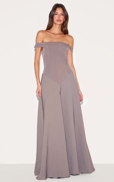 Mushroom Structured Bardot V Waist Maxi Dress