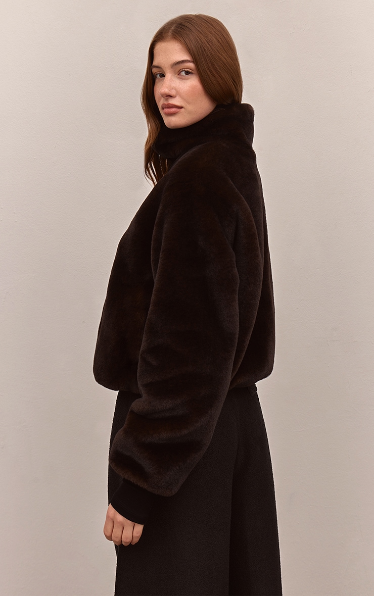 Dark Chocolate Plush Faux Fur Cropped Bomber Style Coat image 2