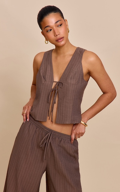 Brown Pinstriped Tie Front Top