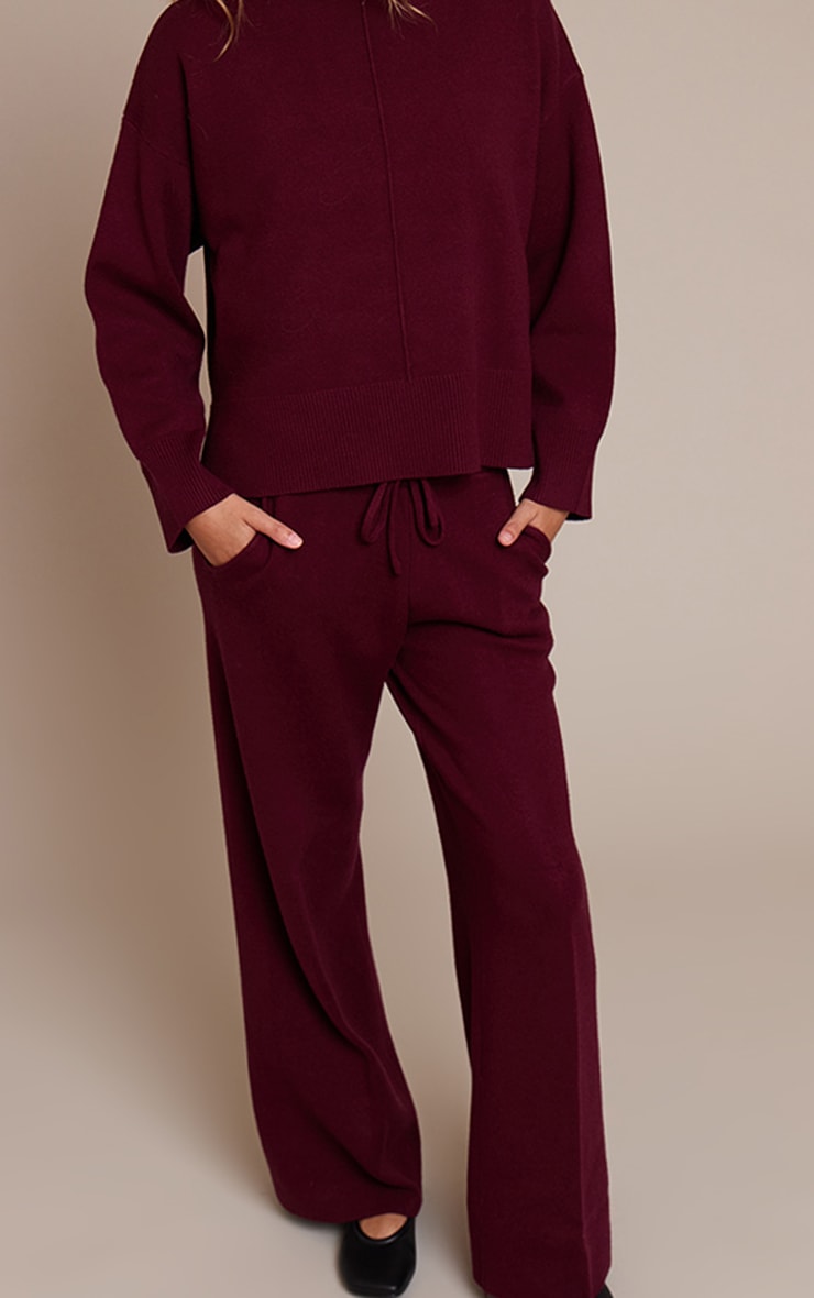 Burgundy Drawstring Wide Leg Knitted Pants image 2