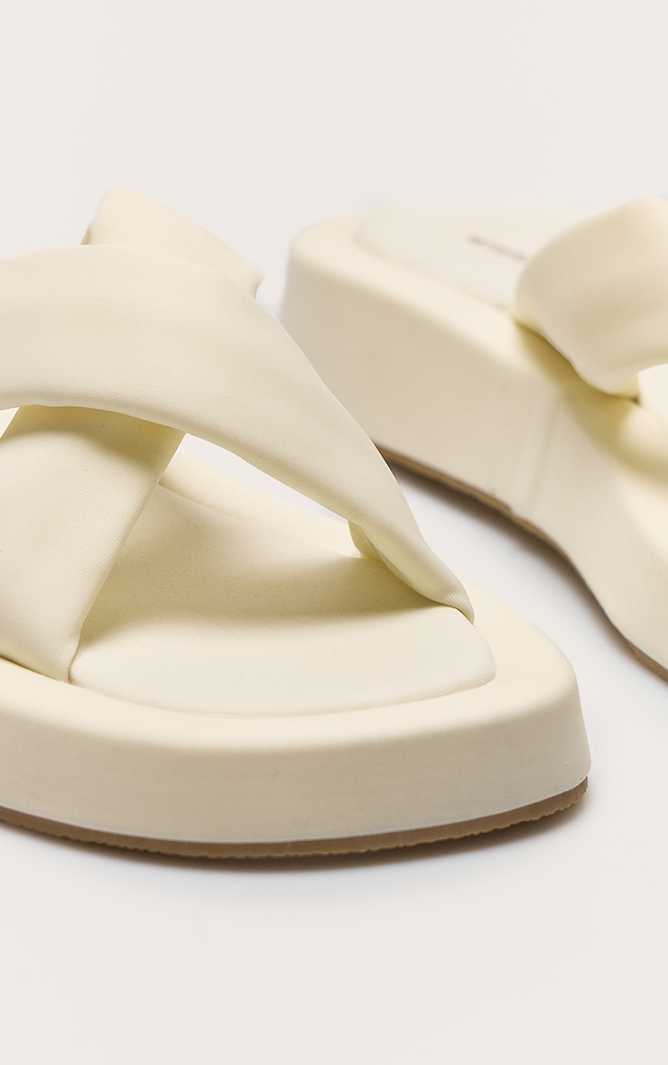 Cream Stretch Lycra Square Toe Criss Cross Strap Flatform Sandals image 4