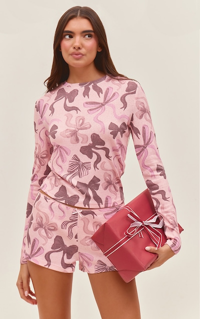 Pink Christmas Bow Printed Pointelle Long Sleeve Top and Shorts PJ Set