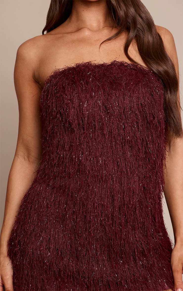 Burgundy Glitter Fringe Bandeau Bodycon Dress image 4
