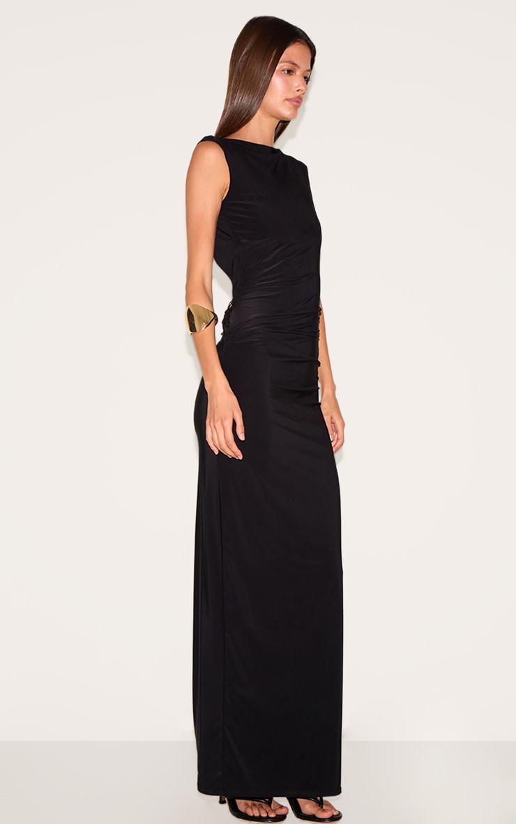 Black Double Layer Slinky Low Back Trim Detail Maxi Dress image 2
