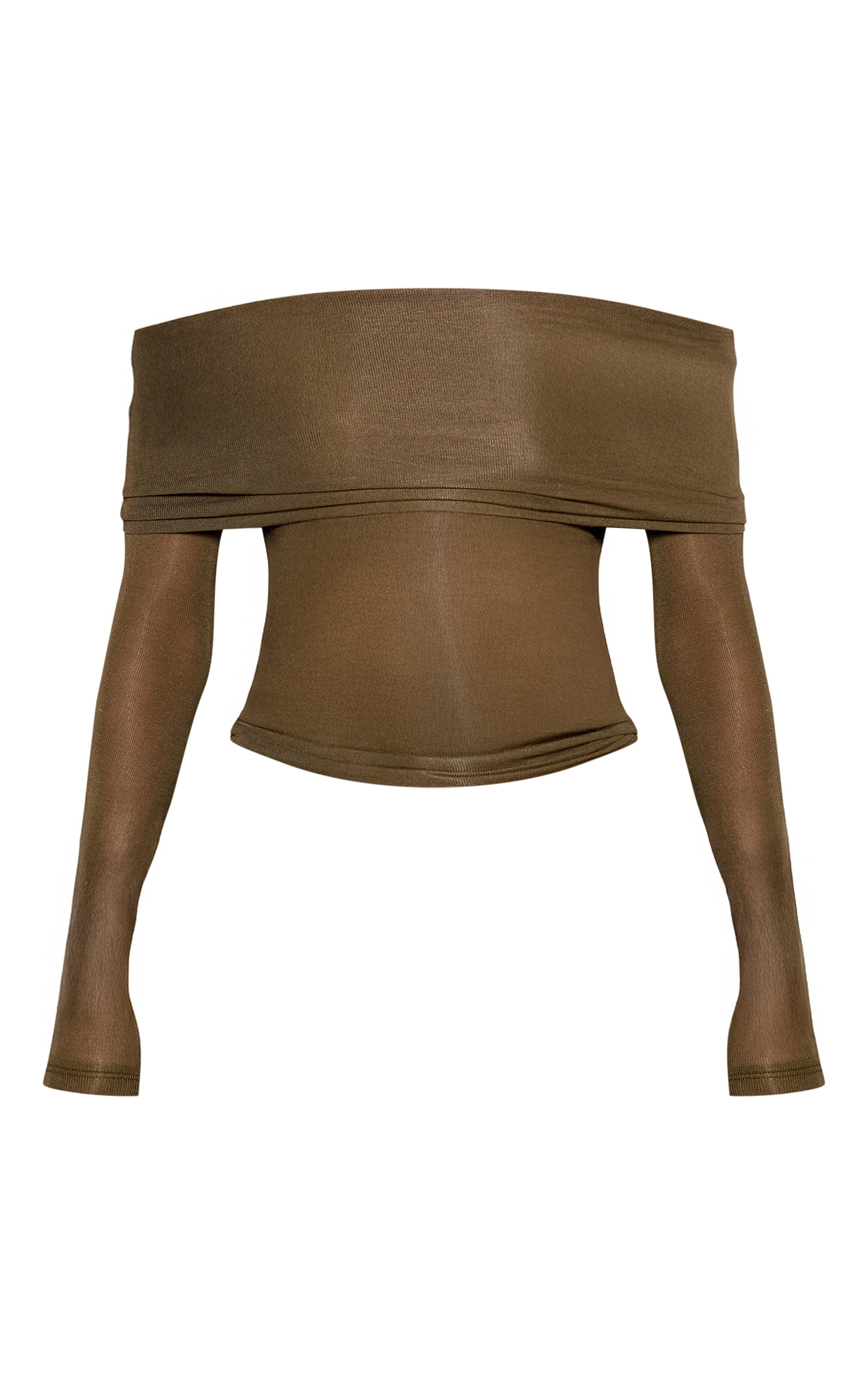 Top doux kaki transparent à col bardot replié et manches longues image 5