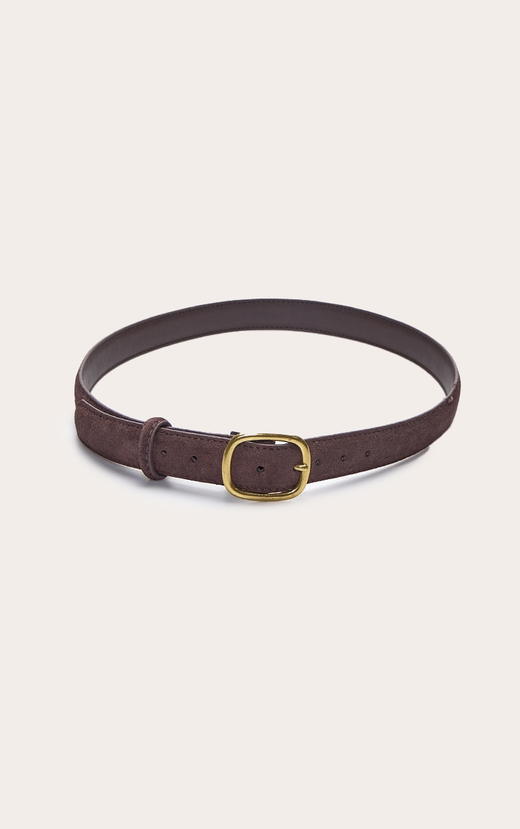Chocolate Suede Skinny Belt with Brushed Gold Hardware image 2
