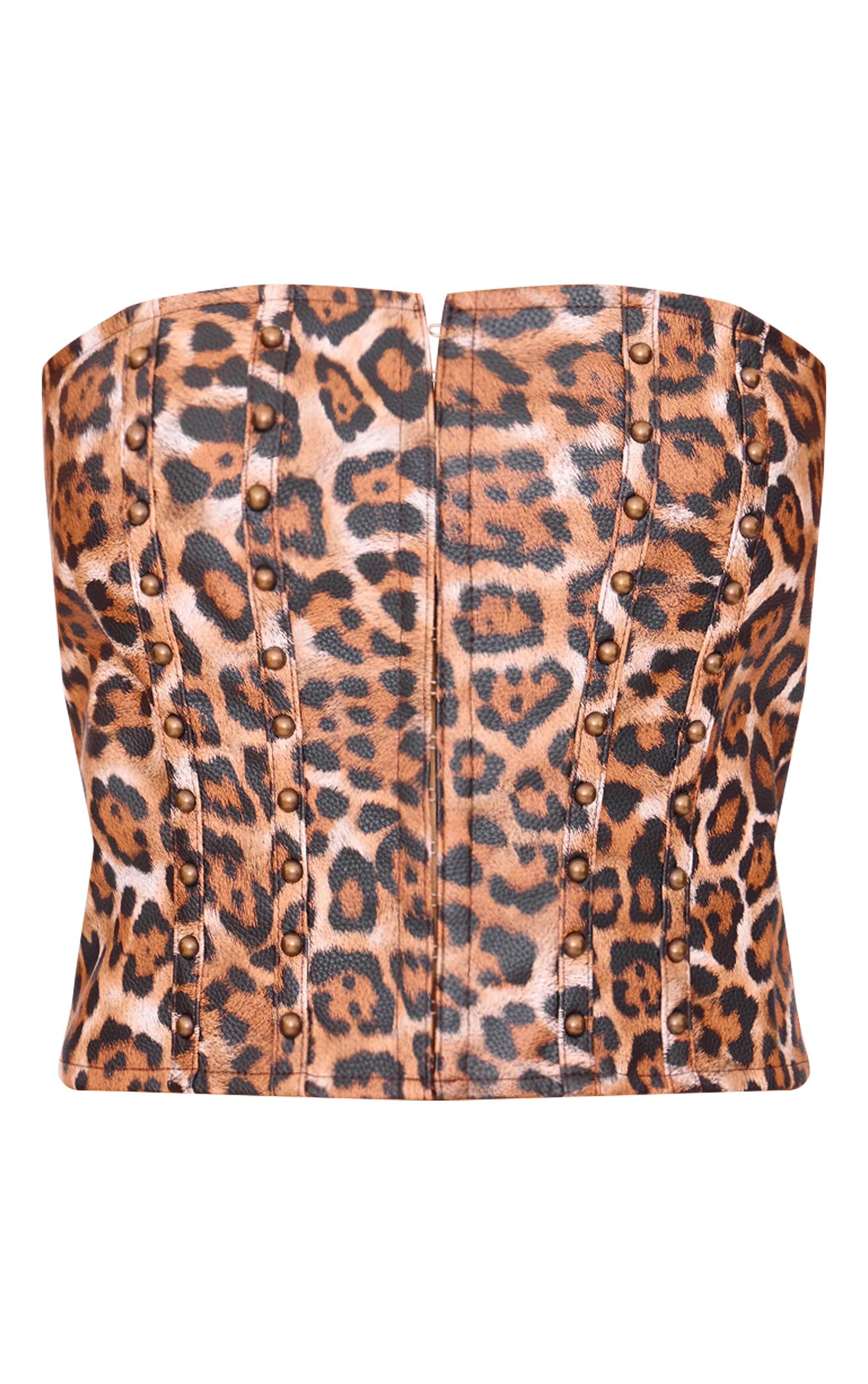 Brown Faux Leather Leopard Print Studded Crop Corset image 5