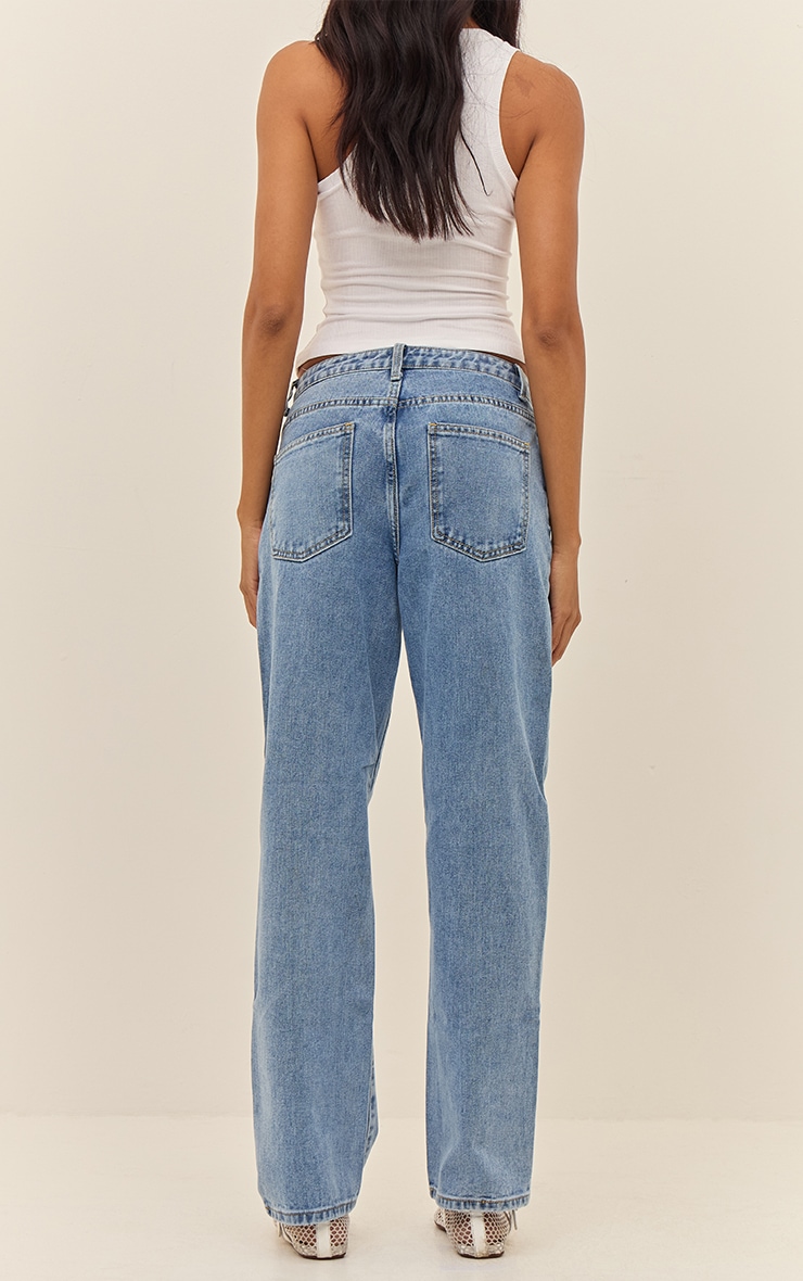 PRETTYLITTLETHING Mid Blue Wash High Waist Straight Leg Jeans image 3
