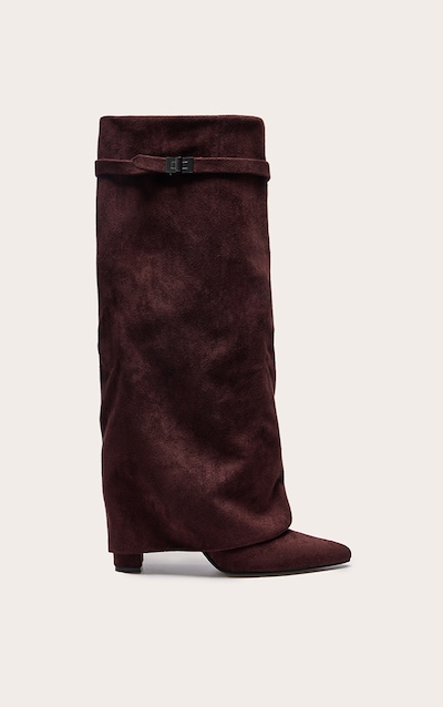 Bottes hautes en suédine chocolat repliées à talon carré et bout pointu