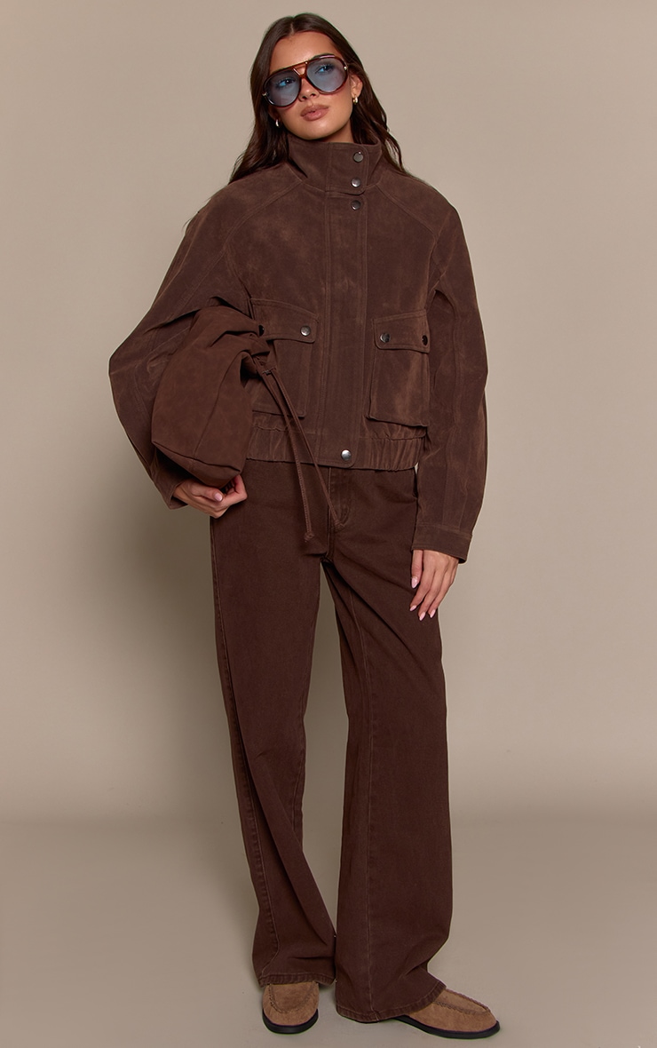Bitter Chocolate High Neck Utility Pocket Cropped Suede Bomber  image 3