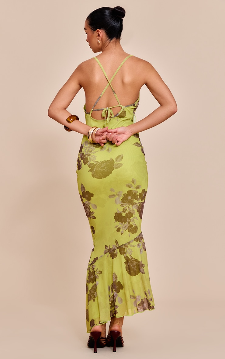 Green Floral Mesh Frill Cowl Back Maxi Dress image 2