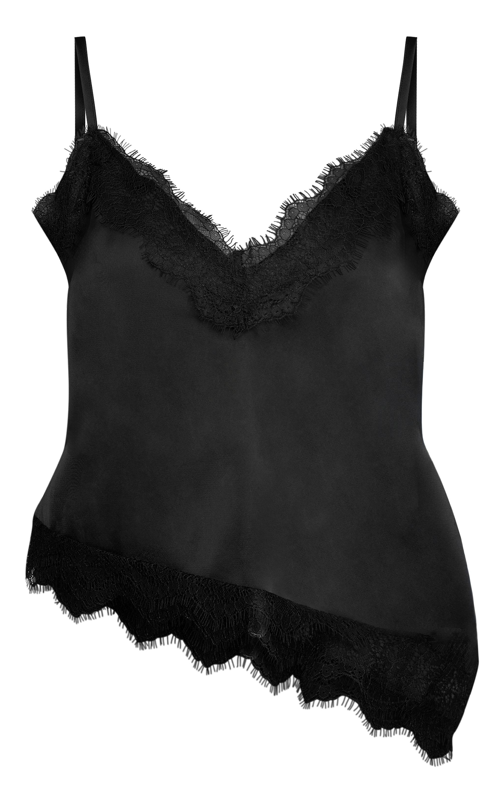 Petite Black Asymmetric Lace Trim Cami Top image 5