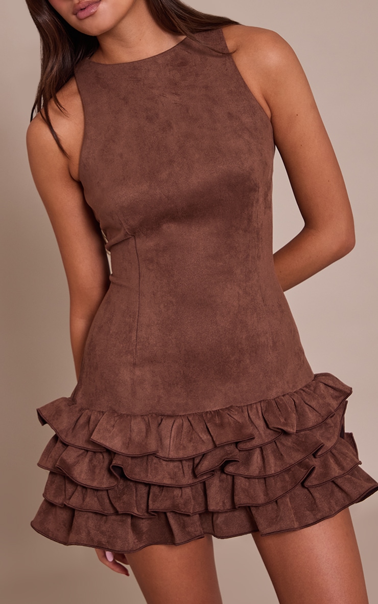 Chocolate Faux Suede Frill Hem Shift Dress image 4
