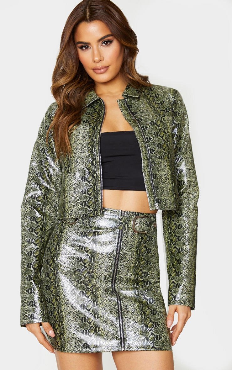 Tall Green Pocket Detail Snake Print Zip Jacket