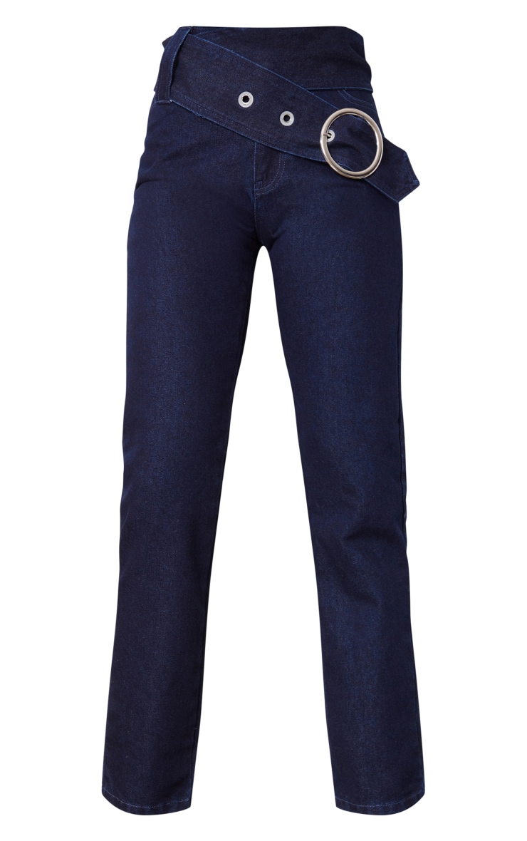 Tall Dark Blue Jeans With Asymmetrical Buckle PrettyLittleThing QA