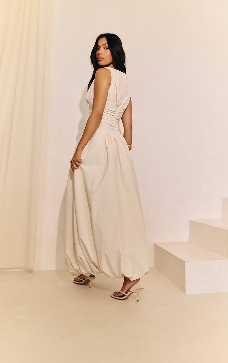 Cream Boat Neck Ruched Detail Puffball Maxi Dress image 2
