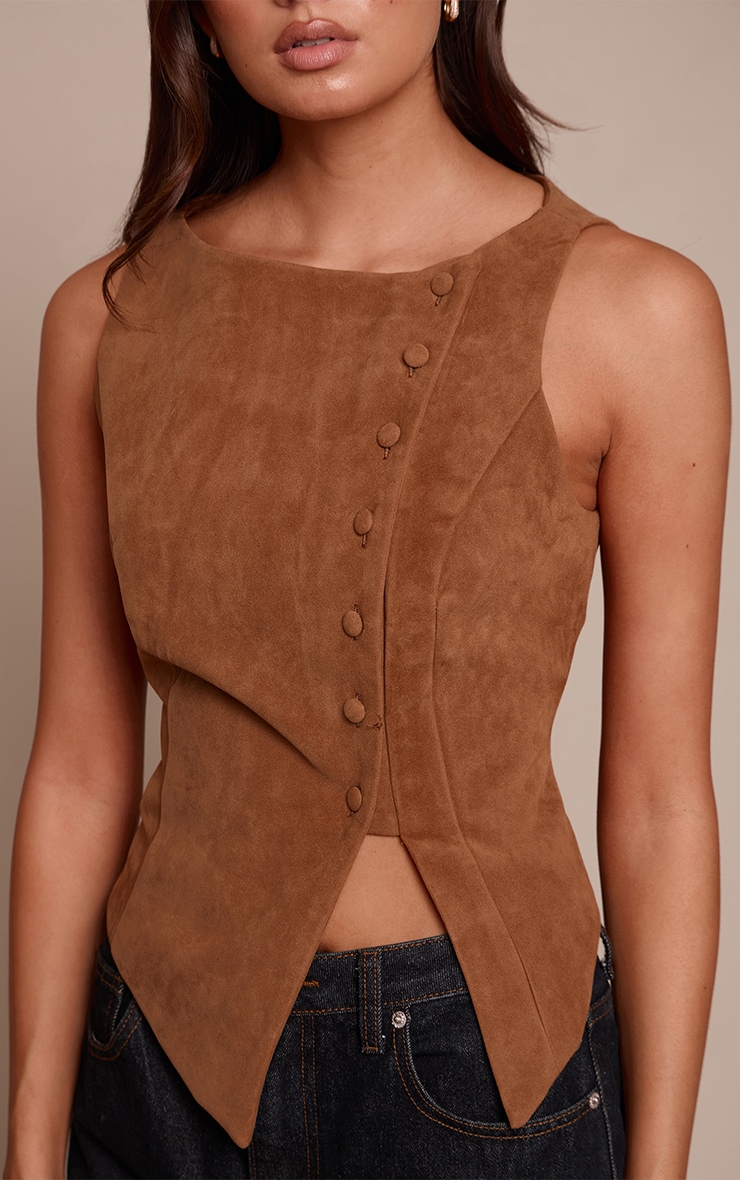 Camel Faux Suede Asymmetric Button Detail Vest image 4