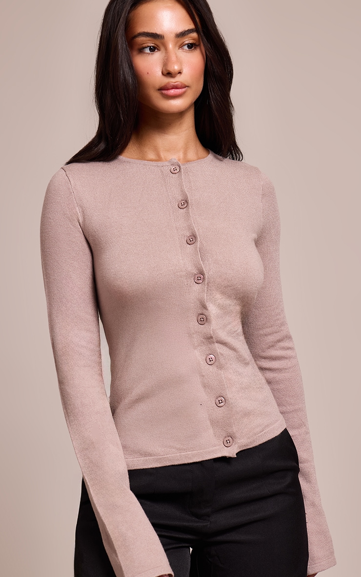 Petite Taupe Button Through Fine Knit Cardigan image 4