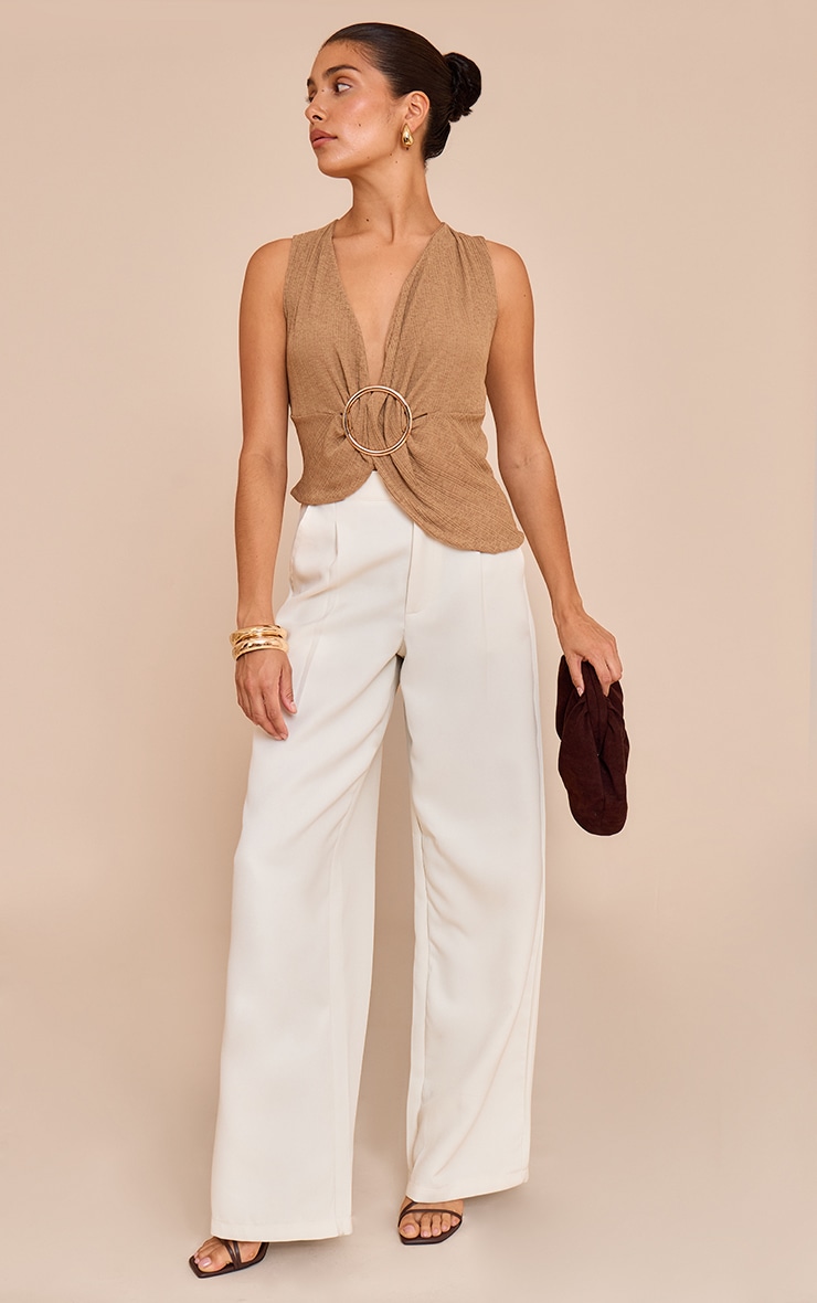 Petite Mushroom Ribbed Onion Skin Trim Detail Plunge Top image 3