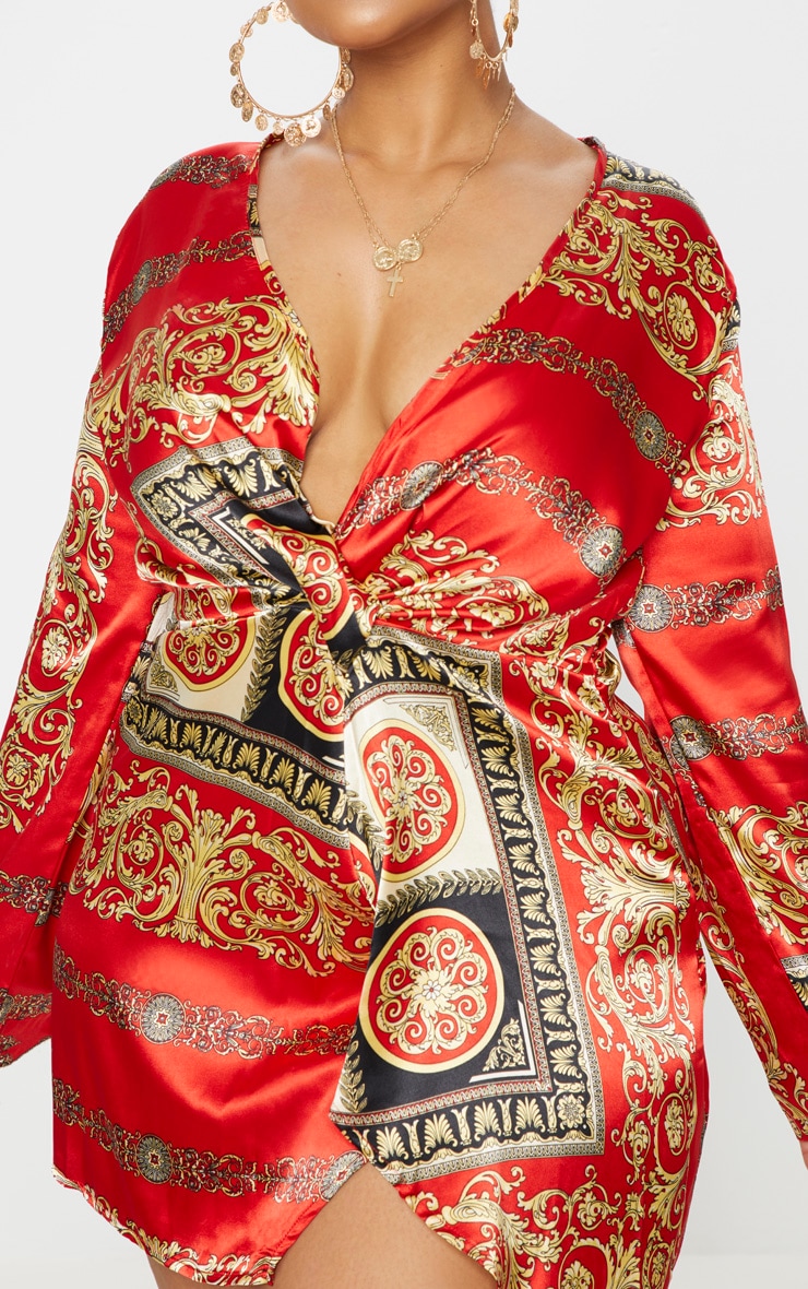 Plus red printed satin long sleeve wrap dress midi
