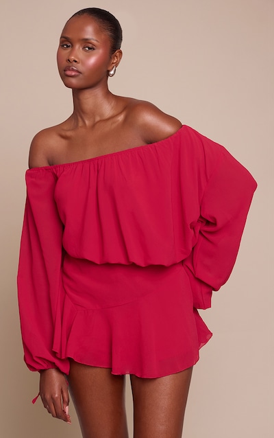 Burgundy Chiffon One Shoulder Floaty Detail Skort Playsuit