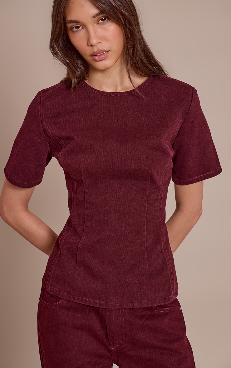 Dark Burgundy Cinched Waist Peplum Denim Top image 1