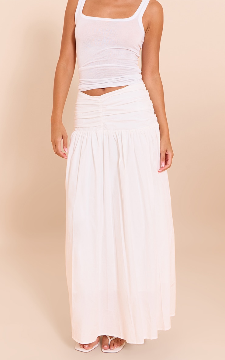 White Cotton Poplin Ruched Dropped Waist Maxi Skirt image 2