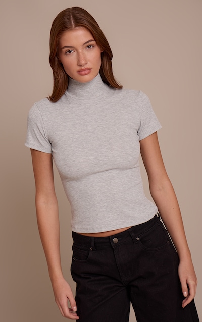 Grey Marl Soft Rib High Neck Fitted Longline T-Shirt