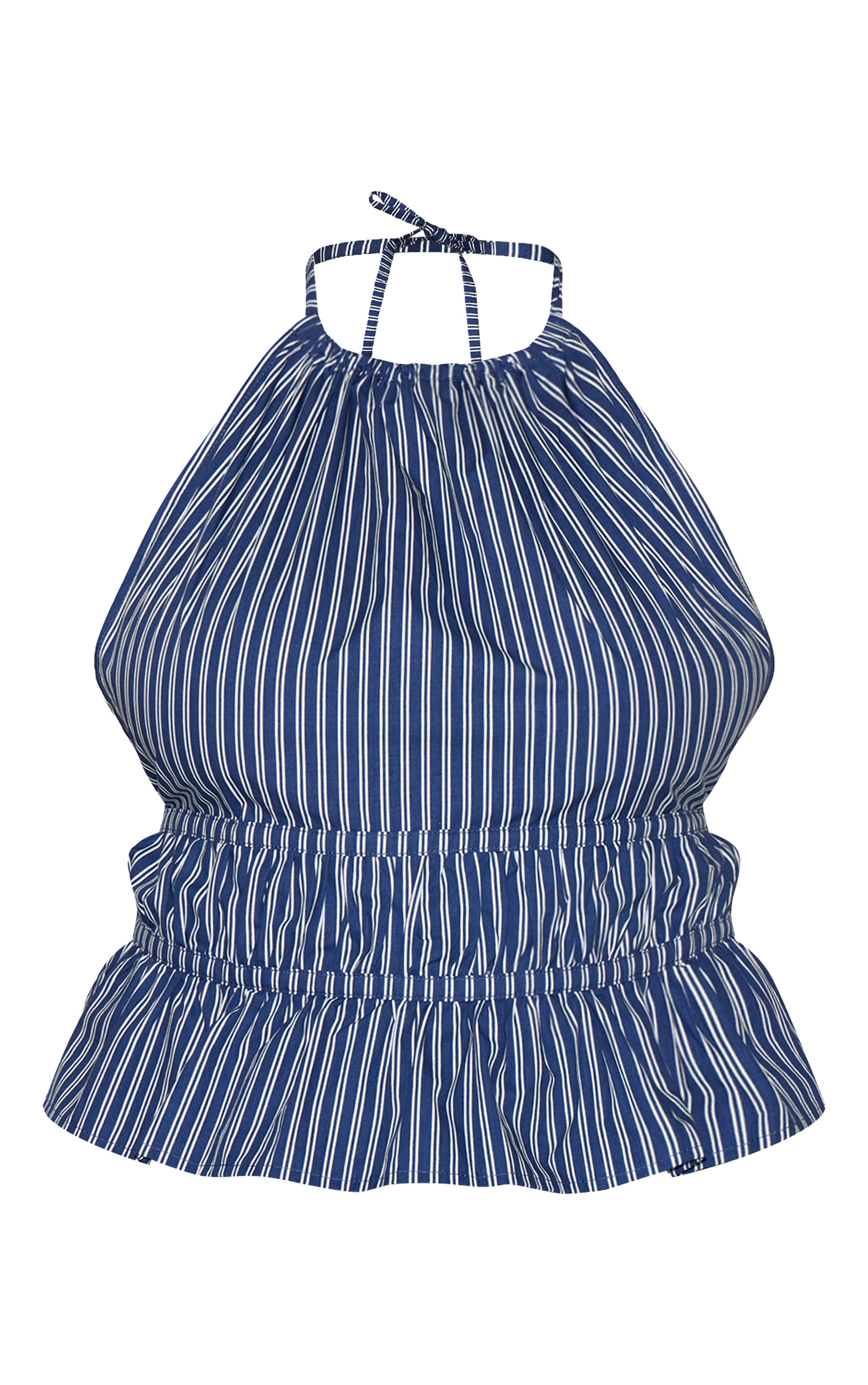 Plus Indigo Stripe Ruched Backless Halterneck Woven Top image 5