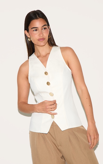 Cream Woven Gold Button Detail Fitted Waistcoat