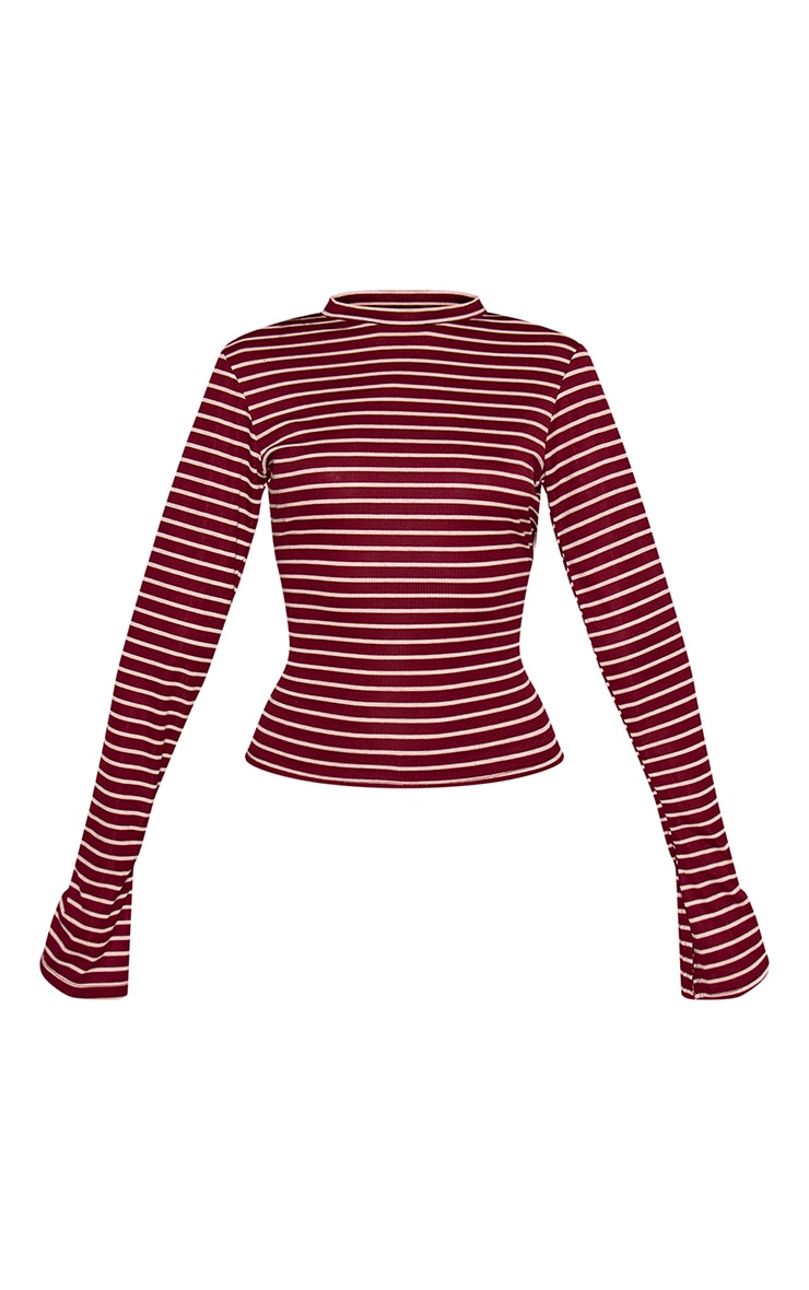 Burgundy Stripe Ribbed High Neck Long Sleeve Top image 5