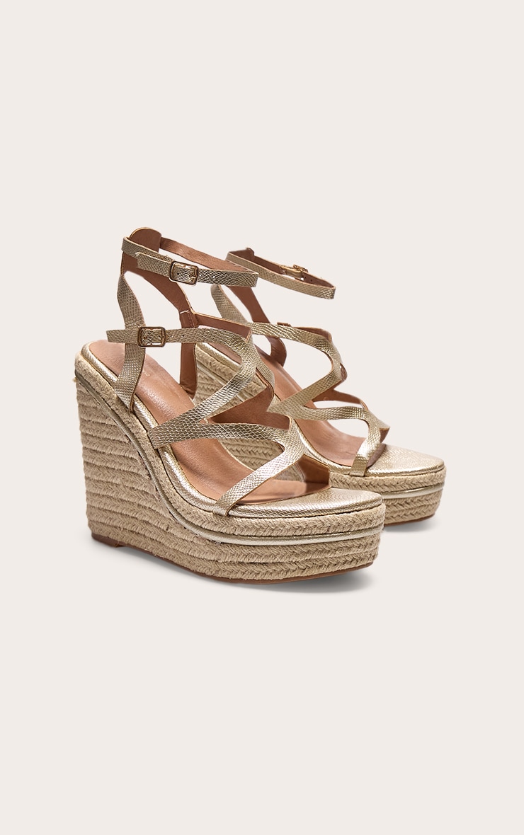 Gold Metallic Snake Strappy Heeled Wedges image 2
