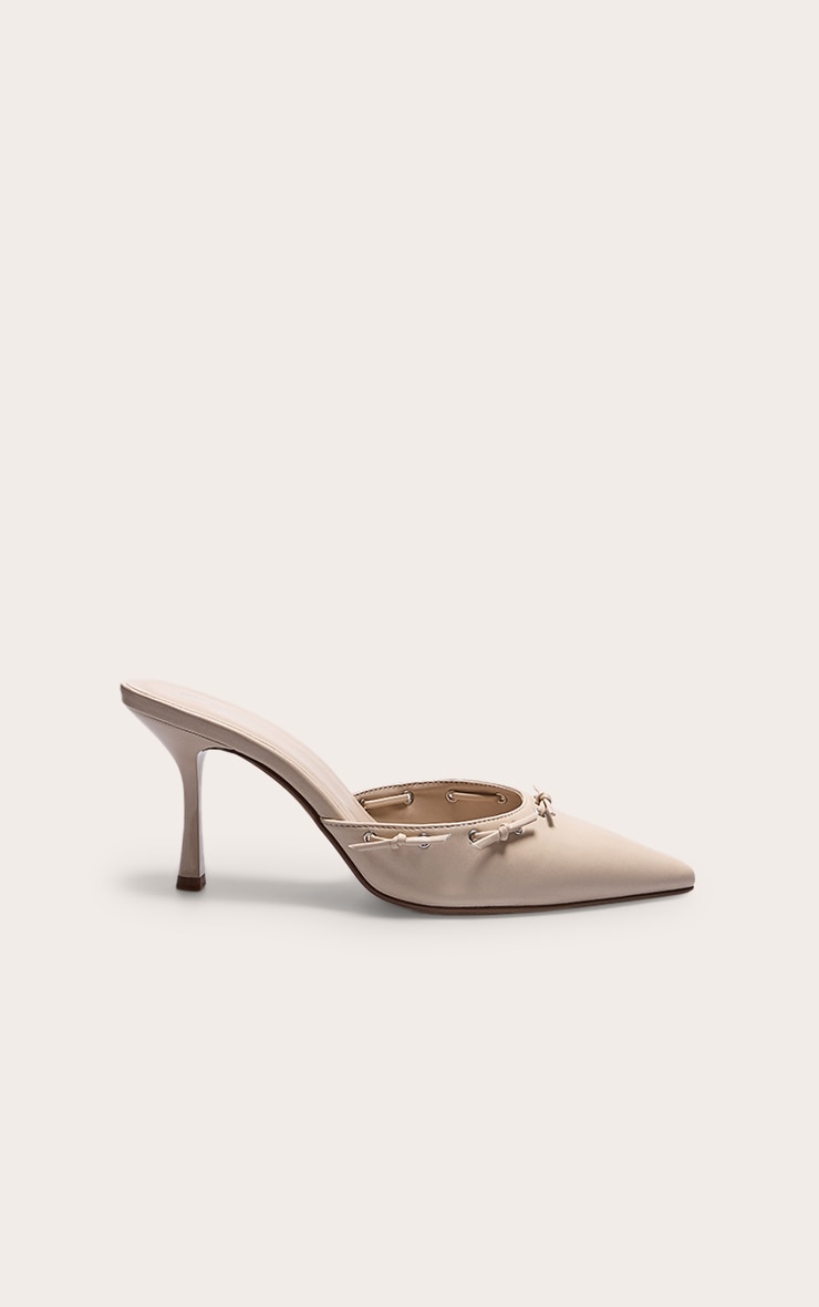Cream Pu Point Toe Bow Mid Stiletto Heeled Court Mules image 1