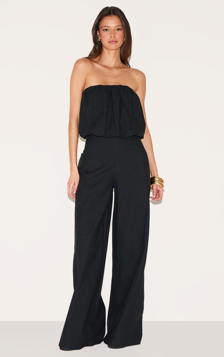 Black Cotton Puffball Bandeau Straight Leg Jumpsuit image 1