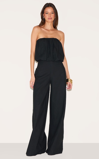 Black Cotton Puffball Bandeau Straight Leg Jumpsuit