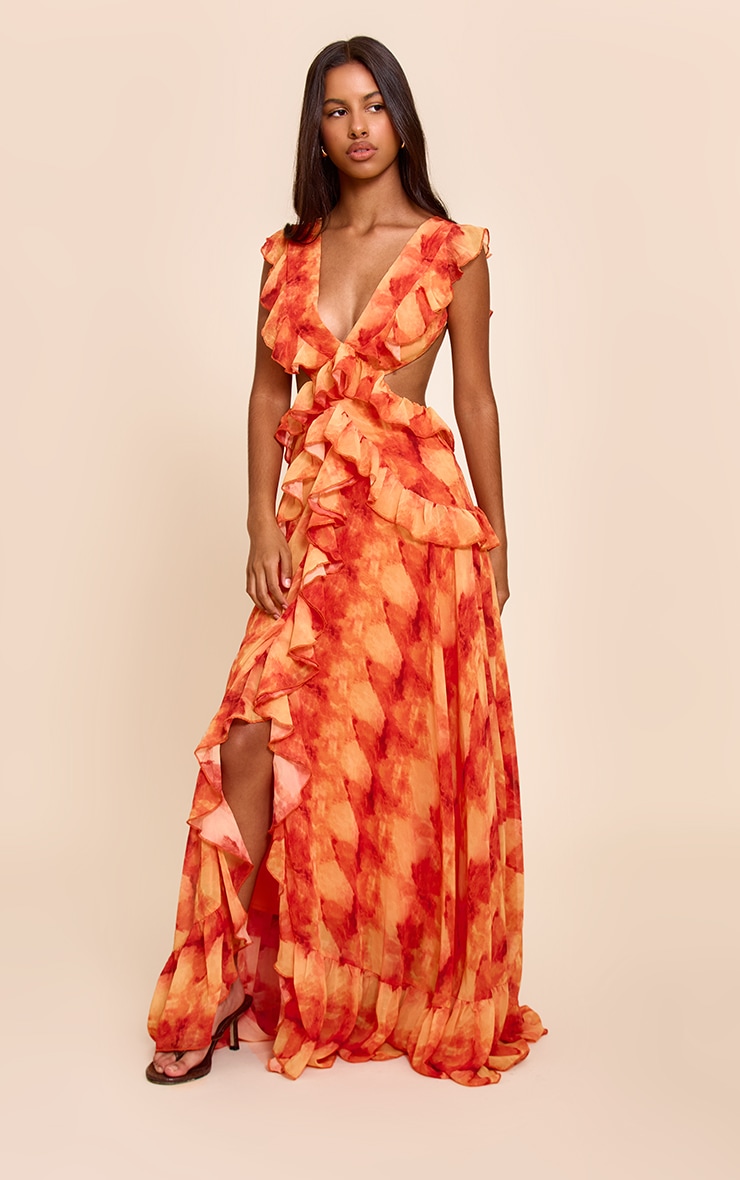 Petite Orange Printed Frill Maxi Dress image 3