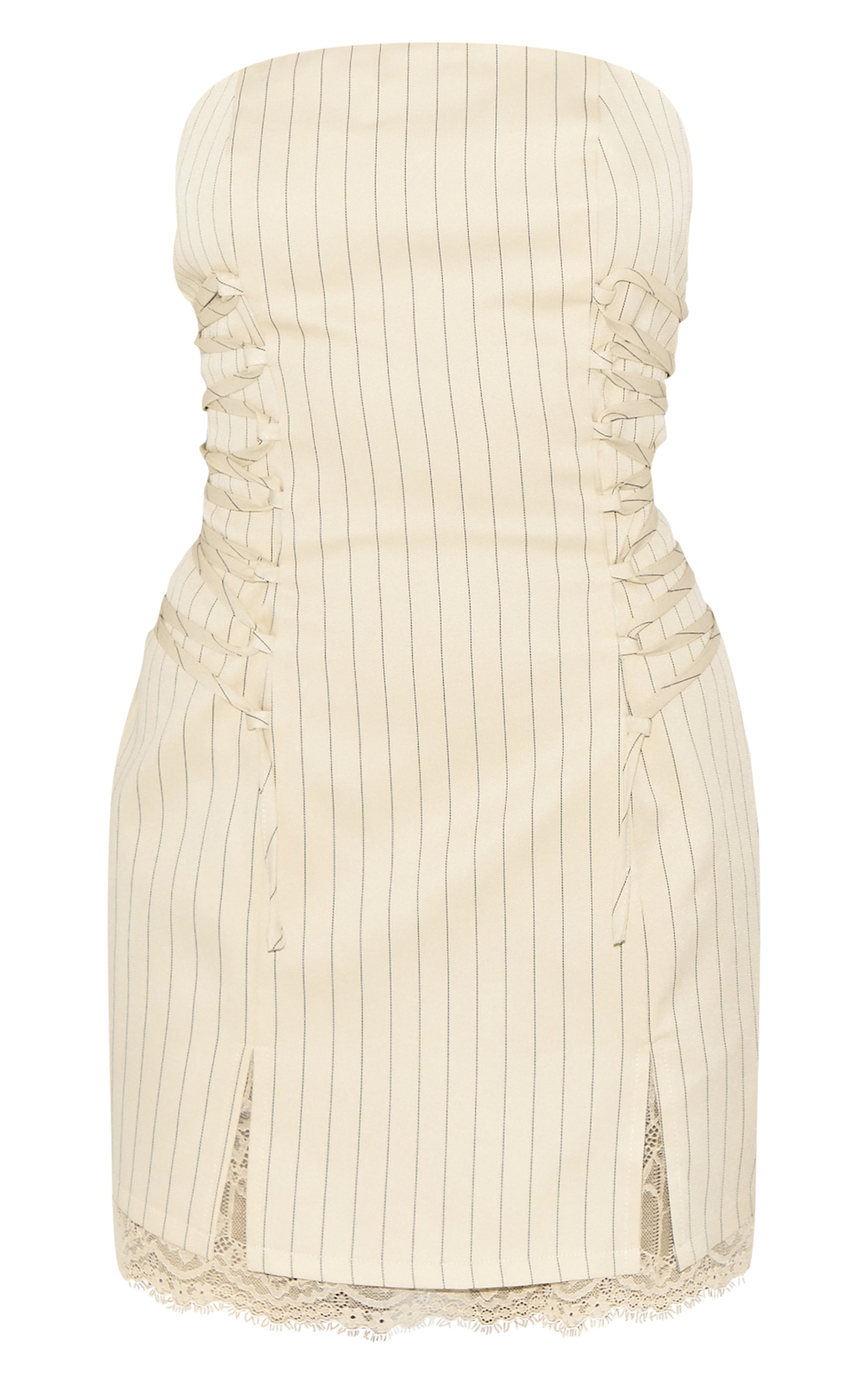 Cream Pinstripe Bandeau Lace Trim Shift Dress image 5