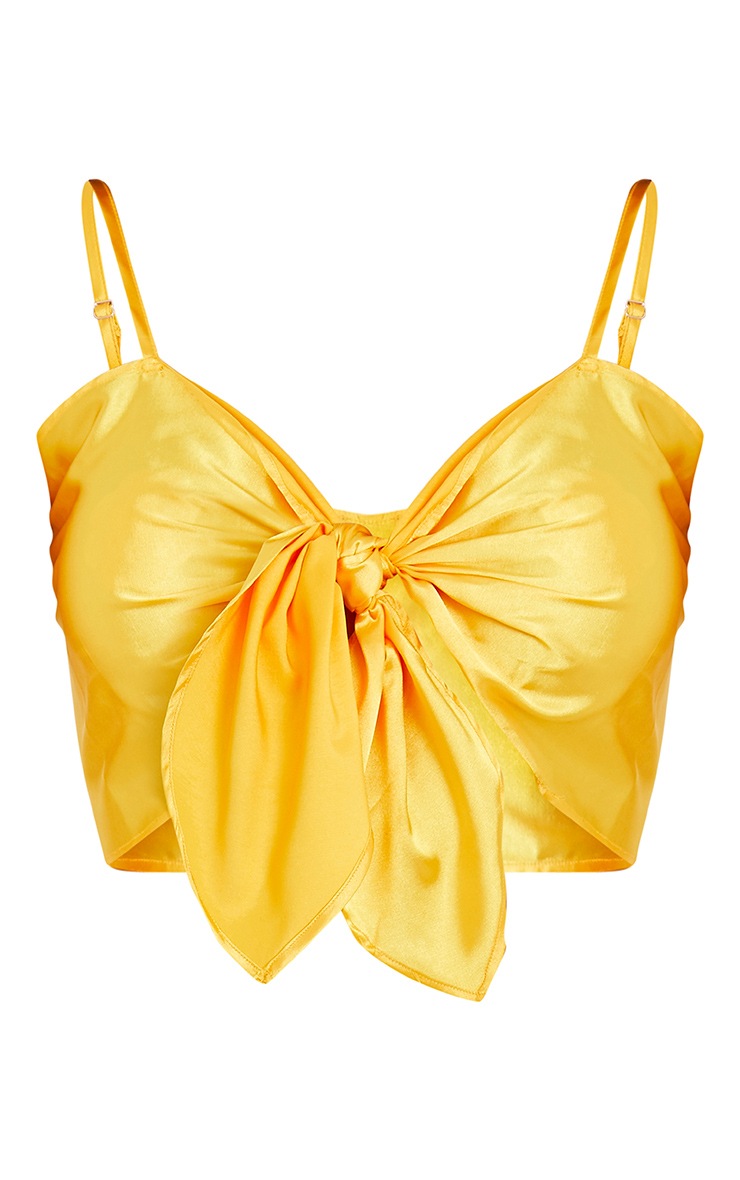 Chrissy Yellow Satin Bow Tie Crop Top Tops PrettyLittleThing