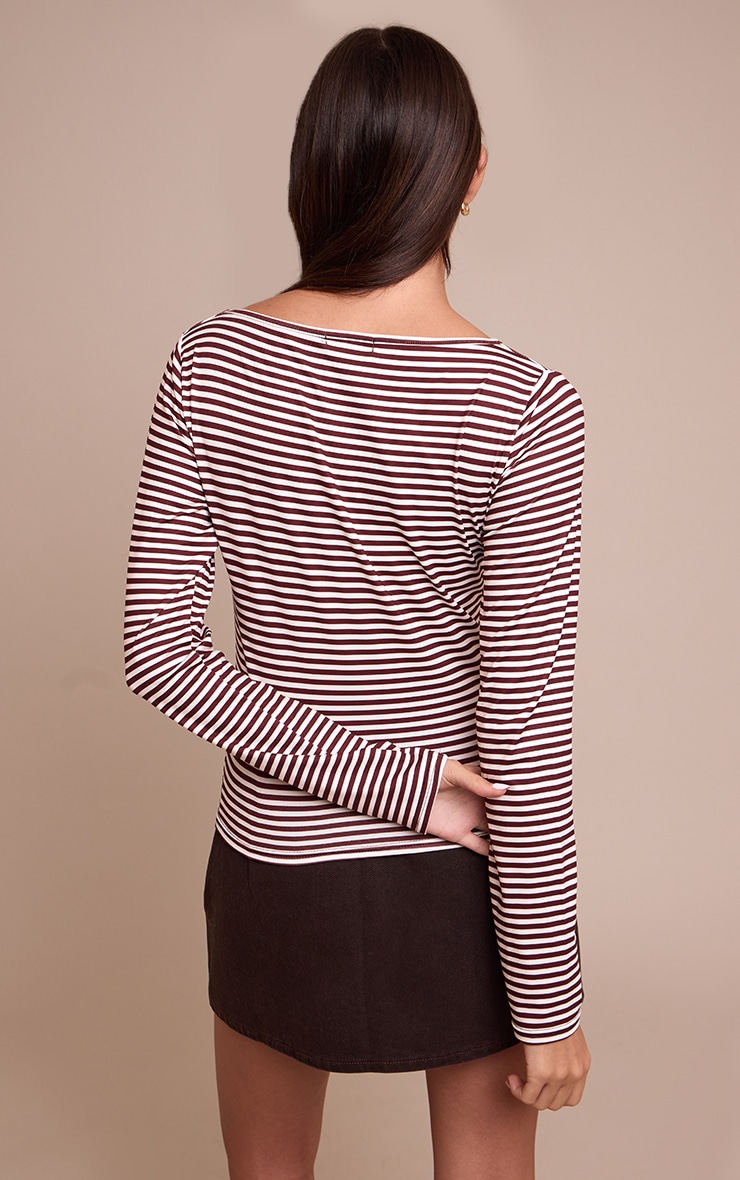 Burgundy Stripe Boat Neck Long Sleeve Top image 2