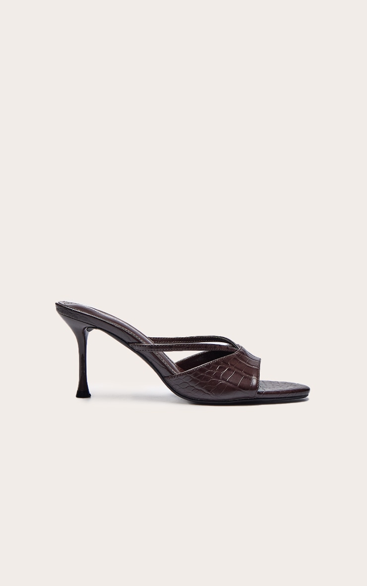 Chocolate Croc Pu Round Toe Cut Out Strap Mid Heeled Mules image 2